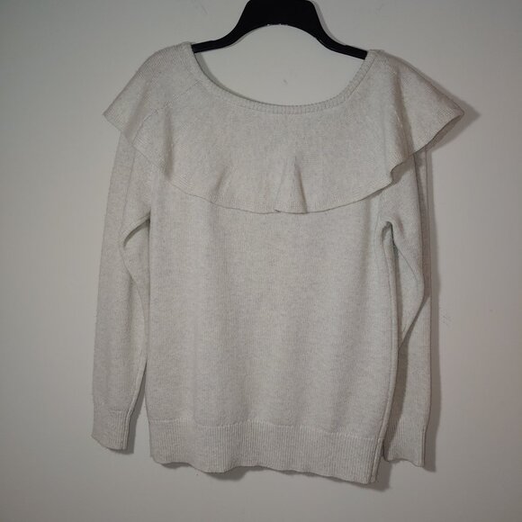 Banana Republic Cashmere Blend Ruffle Off Shoulder Sweater Sz S Oatmeal White - Picture 5 of 5